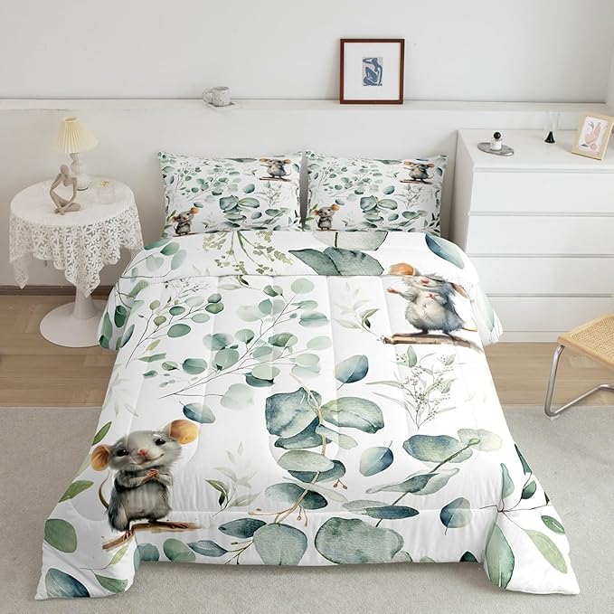 Erosebridal Kids Cute Animal Toddler Comforter Set for Girls Boys Cartoon Mouse Bedding Set, Spring Eucalyptus Bedding Comforter Sets Watercolor Leaves Duvet Set, Kawaii Animal Mice Quilted Comforter