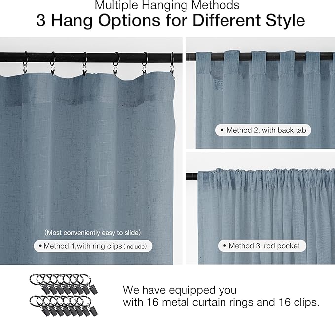 Anmao Natural Linen Curtains for Living Room 84 Inch Length 2 Panels Set, Light Filtering Semi Sheer Window Curtain Drapes for Bedroom with Curtain Rings and Clips, 52 Inch Wide Each Panel, Haze Blue