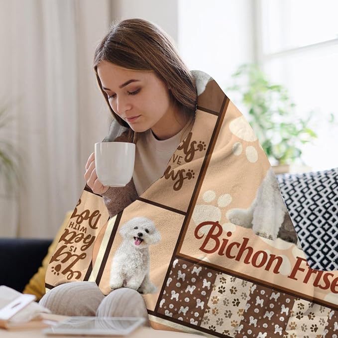 Bichon Frise Dog Print Blanket Best Dog Pet Animal Throw Blankets for Couch Sofa Stuff Decor Gifts Lightweight Soft Cozy Fleece Plush Warm Flannel Bedding for Lover Man Woman Teen Adults 60"x80"