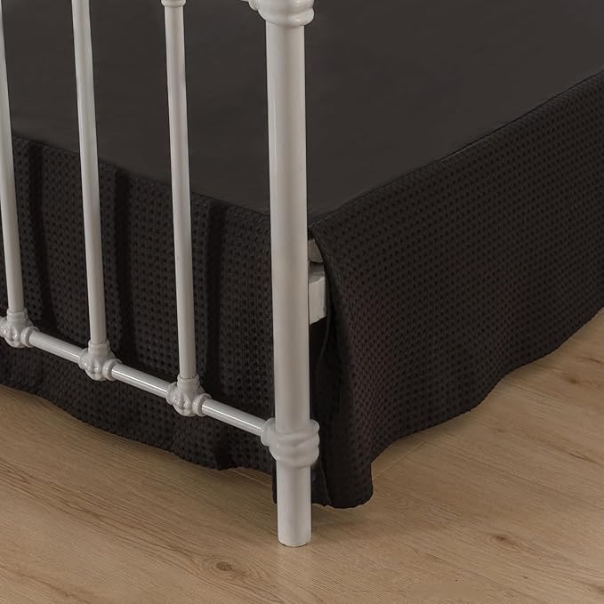 Bed Skirt King Size, Pleated Waffle Weave Bed Skirt with Split Corners, Tailored Dust Ruffle 18 Inch Drop Easy Fit, Machine Washable, Black, 18" King