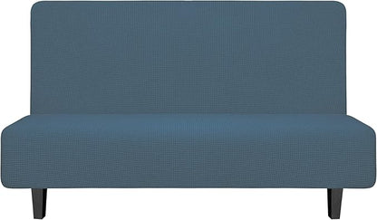 Easy-Going Stretch Futon Sofa Slipcover Armless Sofa Bed Cover Furniture Protector Without Armrests with Elastic Bottom for Kids,Soft Jacquard Fabric Small Checks（Medium Futon,Bluestone