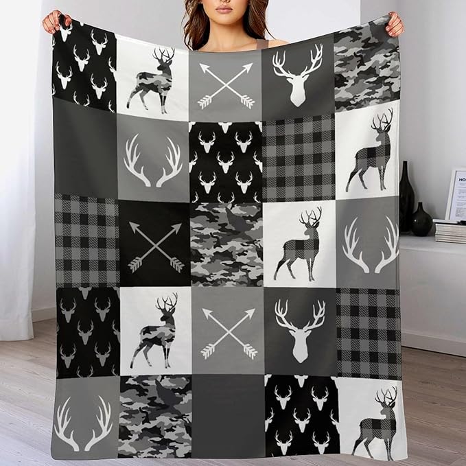 Rustic Cabin Throw Blanket, Farmhouse Grey Camouflage Deer Vintage Country Hunting Wildlife Blanket Throw for Bed Camping Travel Living Room Bedroom, 50"x60"