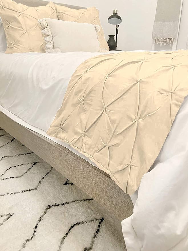 Bed Runner Set - 100% Pure Cotton 800 Thread Count - Luxury 1 Pinch Pleated Bed Runner and 2 Pillow Cover - 3 Piece Pinch Pleated Bed Runner Set King, Ivory