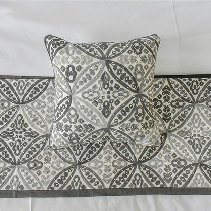 The HomeCentric King/Queen/Twin Gray Luxury Full 68"x18" Bed Runner Without Pillow Cover, Moroccan, Pearl, Geometric & Embroidered Bed Scarf on Embroidered Fabric - Meryem
