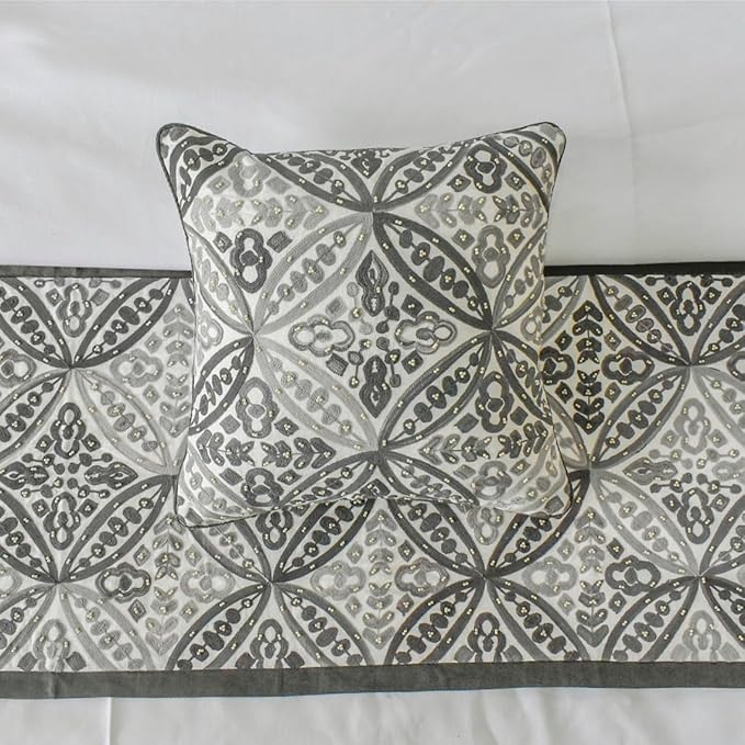 The HomeCentric King/Queen/Twin Gray Luxury Full 68"x18" Bed Runner with Two Pillow Cover, Moroccan, Pearl, Geometric & Embroidered Bed Scarf on Embroidered Fabric - Meryem