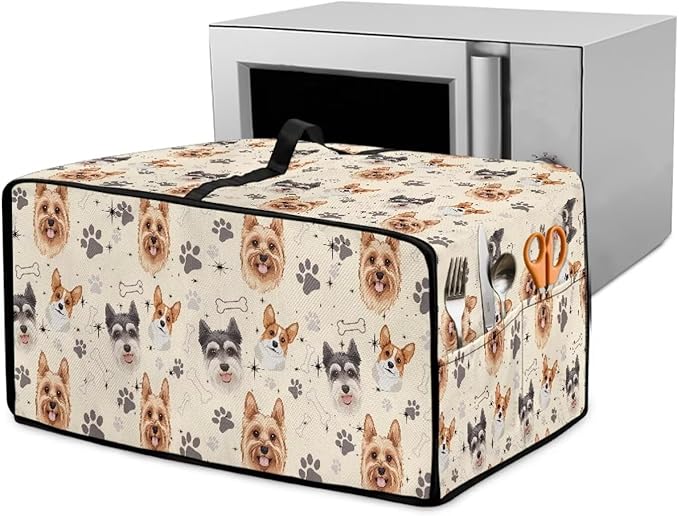 Air Fryer Toaster Oven Dust Cover Washable Fabric Convection Oven Protector with Storage Pockets, L, Yorkshire Terrier Schnauzer Dog Bone Paw Beige Puppy Pattern