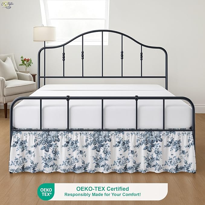 Cottington Lane Ruffled Bed Skirt Twin Size with Split Corner, Brushed Microfiber Hotel Quality Dust Ruffle, 16 Inch Drop Gathered Bedskirt, Soft, Stylish, Shrink & Fade Resistant, Blue Floral Bliss