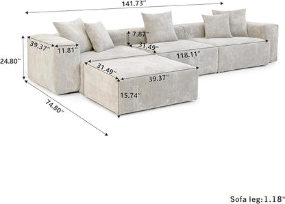 JACH Sectional Couch with 5 Pillows, Luxurious Modular Sectional Couch with Chaise Ottoman, Cushion Covers Removable, Corduroy Modern Soft Couches for Living Room, Office (Beige)