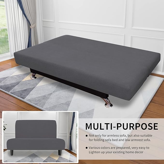 Easy-Going Stretch Futon Slipcover Armless Futon Bed Cover Furniture Protector Without Armrests with Elastic Bottom for Kids, Soft Jacquard Fabric Small Checks (Medium, Grey)