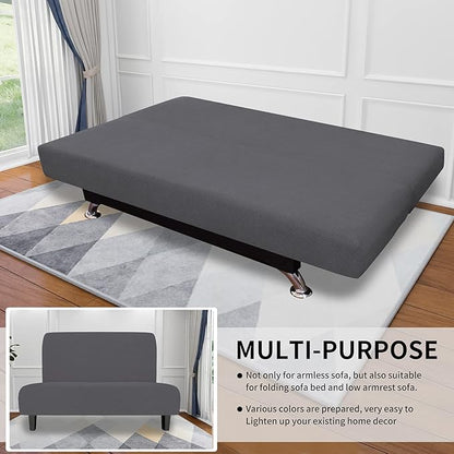 Easy-Going Stretch Futon Slipcover Armless Futon Bed Cover Furniture Protector Without Armrests with Elastic Bottom for Kids, Soft Jacquard Fabric Small Checks (Medium, Grey)