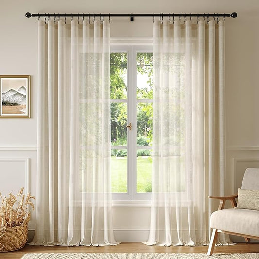 Anmao Natural Linen Curtains for Living Room 108 Inch Length 2 Panels Set, Light Filtering Semi Sheer Window Curtain Drapes for Bedroom with Curtain Rings and Clips, 52 Inch Wide Each Panel, Ecru