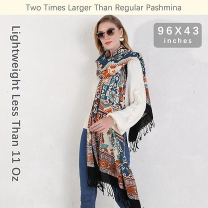 DANA XU 100% Merino Wool Pashmina Shawl for Women 96"x43", Oversized Cashmere Wrap with Tassels, Floral Travel Blanket Cape