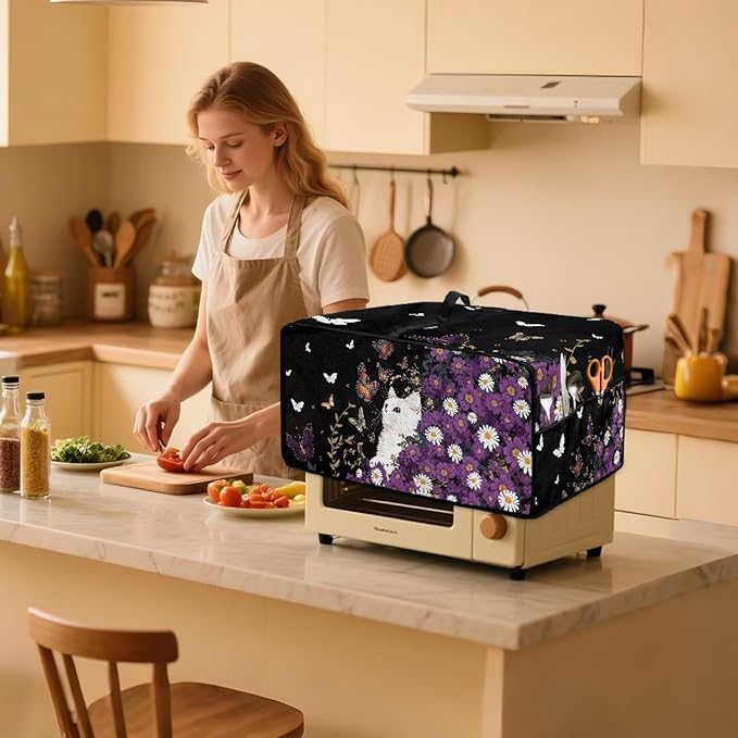 Toaster Oven Cover with Side Pockets, Dustproof Smart Microwave Convection Oven Cover with Handle, for Kitchen Decor, L, 18.5" x 22.5" x 13", White Cat Violet Daisy Butterfly Black