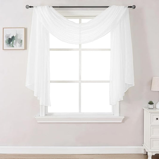 DONREN 144 Inches Long Window Scarf for Party - Luxury Soft Semi Sheer Scarf Valance for Wedding (1 Panel,White)