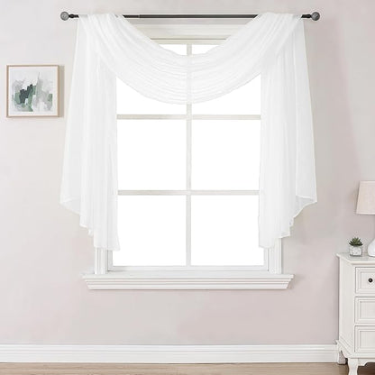 DONREN 144 Inches Long Window Scarf for Party - Luxury Soft Semi Sheer Scarf Valance for Wedding Arch (1 Panel,White,34 Inch Wide by 144 Inch Long)