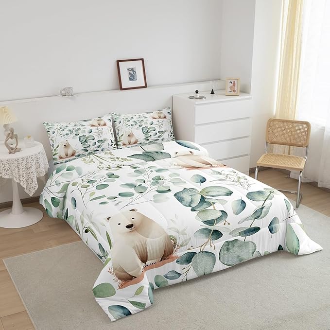 Erosebridal Boys Cartoon Animal Bedding Full Size for Kids Toddler Kawaii Polar Bear Comforter Set Full, Arctic Wildlife Duvet Insert White Green Quilt Comforter, Eucalyptus Bedding Comforters & Sets