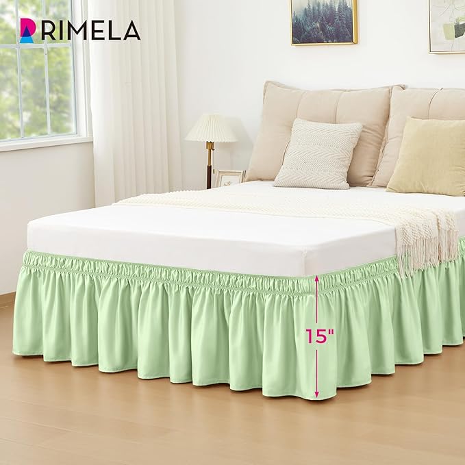 RIMELA Bed Skirt Queen Size Baby Green 15 Inch Drop, Wrap Around Elastic Bedskirt, Dust Ruffle for Adjustable Bed Base Soft Durable Fabric Machine Washable Easy to Install Bed Skirts