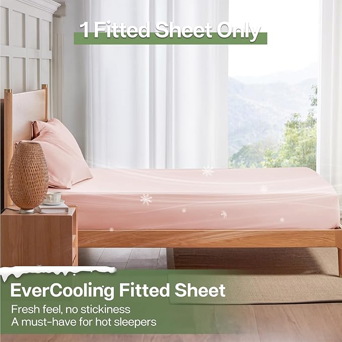 MR&HM Queen Fitted Sheet Only, Ultra-Soft Rayon Derived from Bamboo & Polyester Blend, Silky & Breathable, 15" Deep Pocket with Elastic Straps, Cooling Fitted Sheet for Hot Sleepers, Pink
