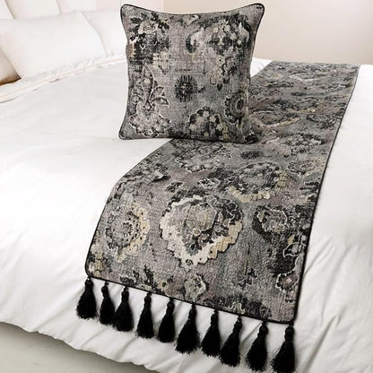 The HomeCentric Luxury Black & Grey Queen 74 x 18 inch Bed Runner with 2 Pillow Cover, Velvet Damask with Tassels Bed Scarf, Abstract Modern - Paved Damask