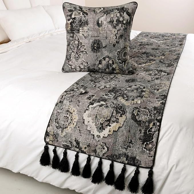 The HomeCentric Designer Black & Grey King 90 x 18 inch Bed Runner with 2 Pillow Cover Set, Velvet Damask with Tassels Bed Scarf, Abstract Modern - Paved Damask
