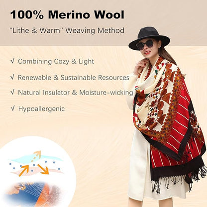 DANA XU 100% Merino Wool Pashmina Shawl for Women 96"x43", Oversized Cashmere Wrap with Tassels, Floral Travel Blanket Cape
