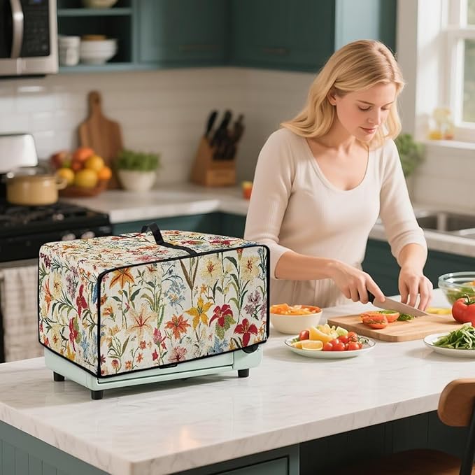 Toaster Oven Cover with Pockets, Washable Smart Oven Dust Cover Protective Kitchen Appliances Decor and Accessories, M, 16.5" x 20.5" x 10", Floral Pattern