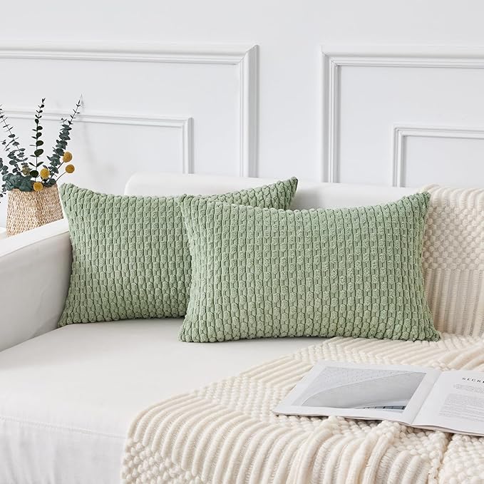 Kevin Textile 12x24 Inch Pillow Cover 1 Pack Boho Decorative Soft Striped Corduroy Lumbar Farmhouse Solid Color Accent Rectangle Cushion Case for Living Room Couch Sofa Bed, Sage Green