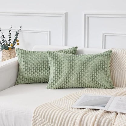 Kevin Textile 14x24 Inch Pillow Cover 1 Pack Boho Decorative Soft Striped Corduroy Lumbar Farmhouse Solid Color Accent Rectangle Cushion Case for Living Room Couch Sofa Bed, Sage Green
