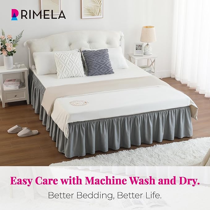 RIMELA Grey Bed Skirt Full Size 18 Inch Drop, Elastic Bed Skirting for Bed Base and Frame, Bedding Dust Ruffle Easy to Install, Lightweight Wrap Around Adjustable Bedskirt
