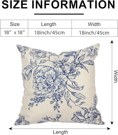 Vintage Floral Pillow Cover 18x 18 Set of 2,Blooming Flower Decorative Waterproof Linen Pillow Cushion Case,Modern Home Decor for Outdoor Couch Bedroom Car Blue and White