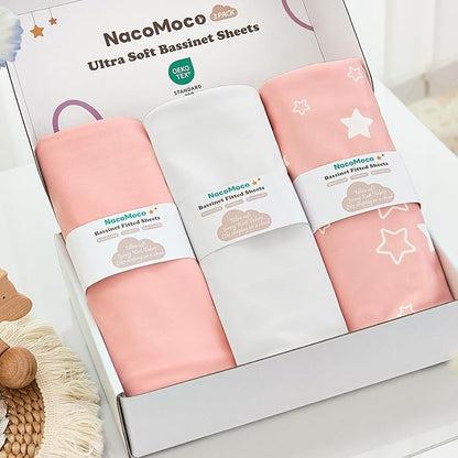 3 Pack Soft Strecthy Bassinet Sheets - 33"x20" Bedside Bassinet Sheets for Baby Delight, Angelbliss, Maxi-COSI & Most Bedside Sleeper | Breathable & Skin Friendly Bassinet Fitted Sheets for Girls