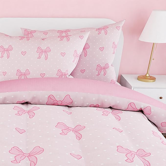 SANDJEST Bow Comforter Set Twin Size 68x86in for Kids Girls, Microfiber 3 Pcs Bedding Set Includes 1 Comforter, 1 Pillowcase, 1 Fitted Sheet, Nursery Room Decor