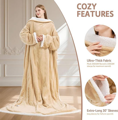 Heated Blanket, 55"×80" Wearable Electric Blanket with Sleeves, Sherpa Snuggle Throw Blanket, Warm Gift for Grandma, Mom, Dad, (Camel)