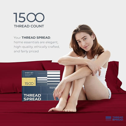 THREAD SPREAD 100% Egyptian Cotton California King Size - 1500 Thread Count 4 PC Cal King Sheets, Cooling Sateen, Burgundy