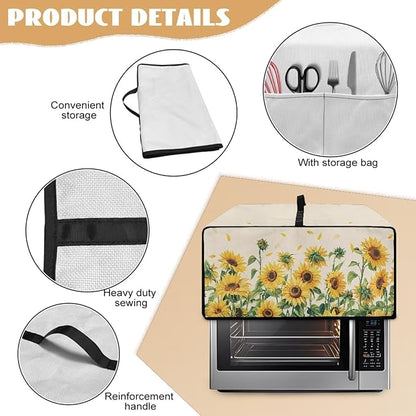 Convection Oven Cover with Storage Pockets, Dust-Proof Small Appliance Protector for Countertop Microwave Toaster Oven, M, 16.5 x 20.5 x 10 Inches, Sunflower Petals