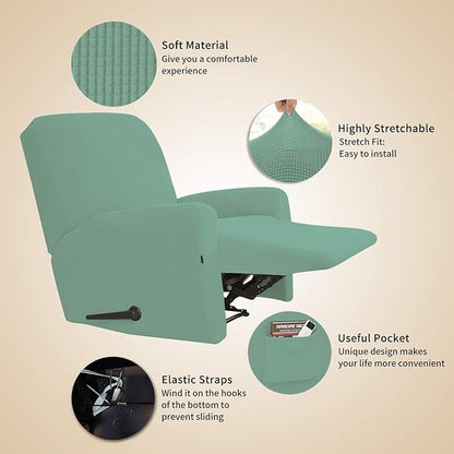 Easy-Going Recliner Stretch Sofa Slipcover Sofa Cover 4-Pieces Furniture Protector Couch Soft with Elastic Bottom Polyester Spandex Jacquard Fabric Small Checks(Recliner, Cyan, Large)