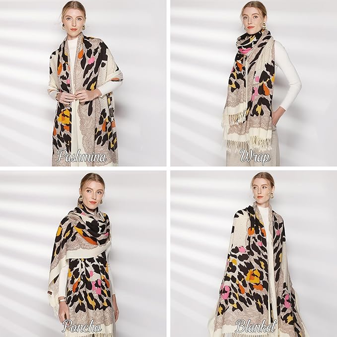 DANA XU 100% Merino Wool Pashmina Shawl for Women 96"x43", Oversized Cashmere Wrap with Tassels, Floral Travel Blanket Cape