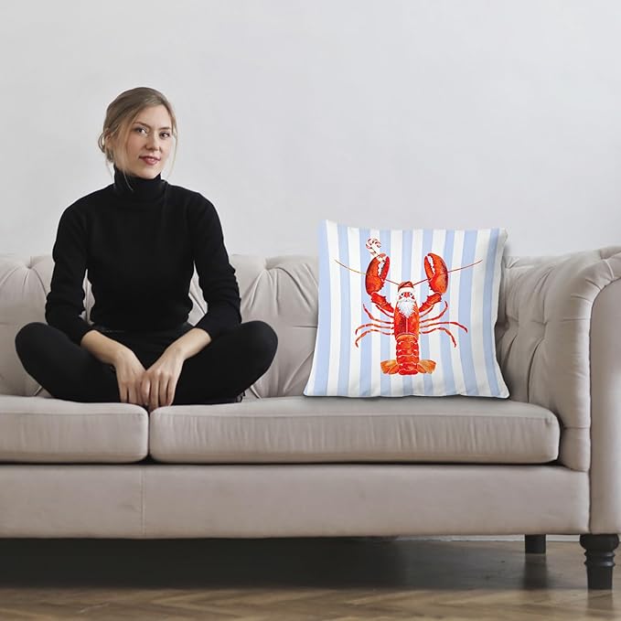 Coastal Christmas Lobster Pillow Covers 18x18, Christmas Lobster Decor, Xmas Santa Crawfish Beach Blue Striped Throw Pillow Covers for Home Bedroom Living Room Sofa Couch