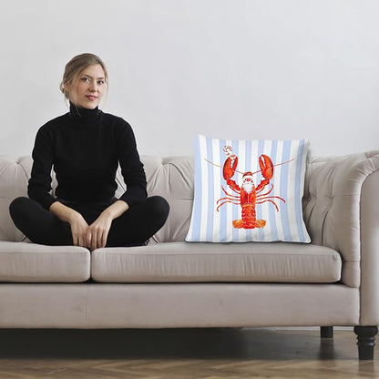 Coastal Christmas Lobster Pillow Covers 18x18, Christmas Lobster Decor, Xmas Santa Crawfish Beach Blue Striped Throw Pillow Covers for Home Bedroom Living Room Sofa Couch