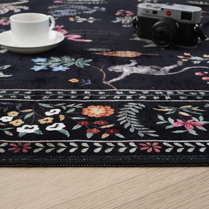 Rugcomf Door Mat Indoor Entrance 2x3 Rug Machine Washable Boho Floral Animal Small Area Rug Non-Slip Low Pile Throw Rugs for Entryway, Kitchen, Front Door Indoor Entrance, Entry, Kids Room (Black)