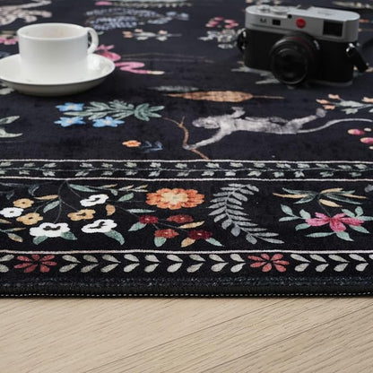 Rugcomf Door Mat Indoor Entrance 2x3 Rug Machine Washable Boho Floral Animal Small Area Rug Non-Slip Low Pile Throw Rugs for Entryway, Kitchen, Front Door Indoor Entrance, Entry, Kids Room (Black)