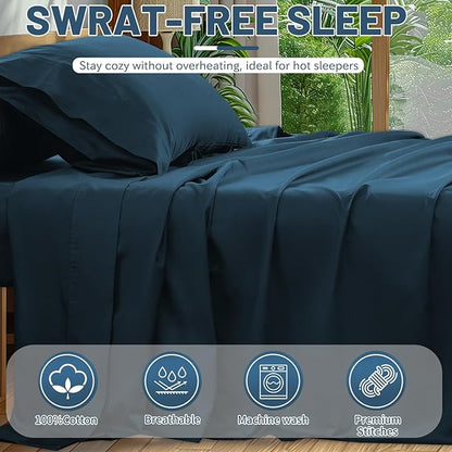 Extra Deep Pocket Queen Sheets 18-24 Inch 100% Egyptian Cotton 1000 Thread Count Sateen Weave Soft Breathable 4 Pieces（Queen,Navy）