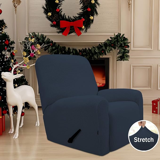 Easy-Going Recliner Stretch Sofa Slipcover Sofa Cover 4-Pieces Furniture Protector Couch Soft with Elastic Bottom Spandex Jacquard Fabric Small Checks(Recliner,Dark Blue,Large)