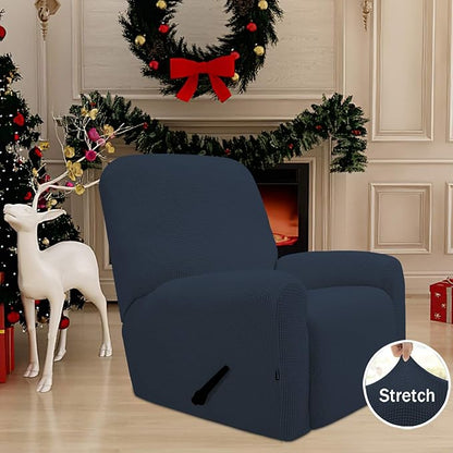 Easy-Going Recliner Stretch Sofa Slipcover Sofa Cover 4-Pieces Furniture Protector Couch Soft with Elastic Bottom Spandex Jacquard Fabric Small Checks(Recliner,Dark Blue,Large)
