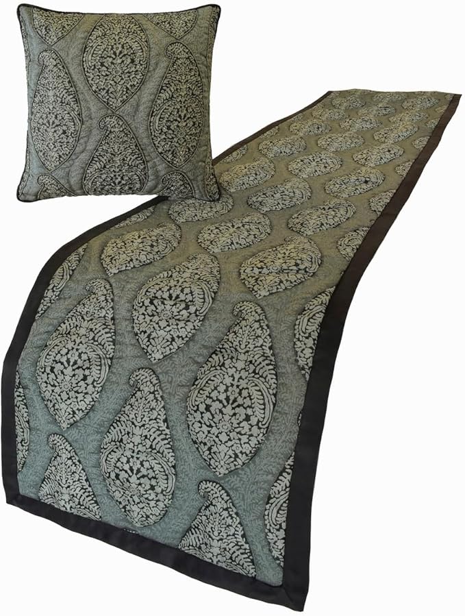 The HomeCentric King/Queen/Twin Grey Decorative Twin 53"x18" Bed Runner with 2 Pillow Cover, Paisley & Beaded Bed Scarf on Jacquard Fabric - Paisley History