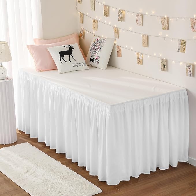 RIMELA Dorm Bed Skirt Twin XL 25 Inch Drop, Extra Long Wrap Around Elastic Bed Skirts Easy to Put On Twin Size Dust Ruffle, White Bedskirt for Adjustable Bed Base Solid Silky Fabric Machine Washable