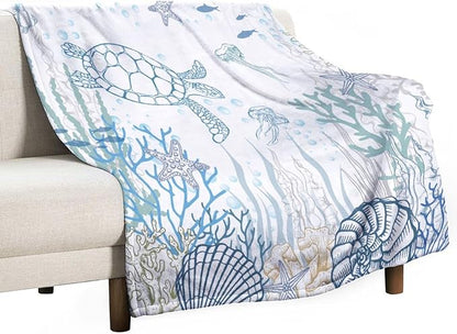 Nautical Turtle Throw Blanket, Coastal Sea Ocean Theme Coral Starfish Seashell Jellyfish Undersea Life Fleece Blanket for Summer Home Bed Sofa Couch Chair, 40"x50"