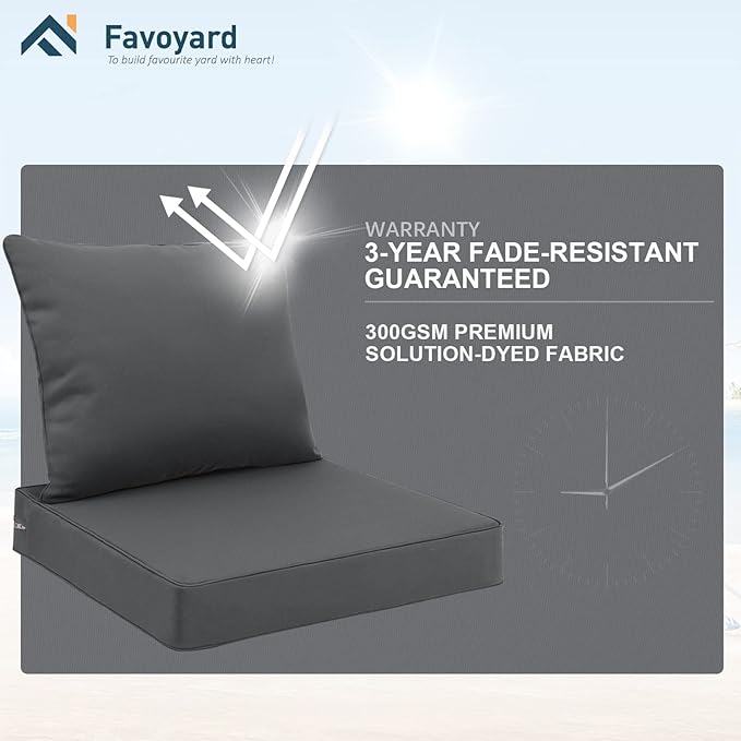 Favoyard Outdoor Seat Cushion Set 22 x 24 Inch Waterproof & Fade Resistant Patio Furniture Cushions with Removable Cover Deep Seat & Back Cushion with Handle and Adjustable Straps for Chair Sofa Couch