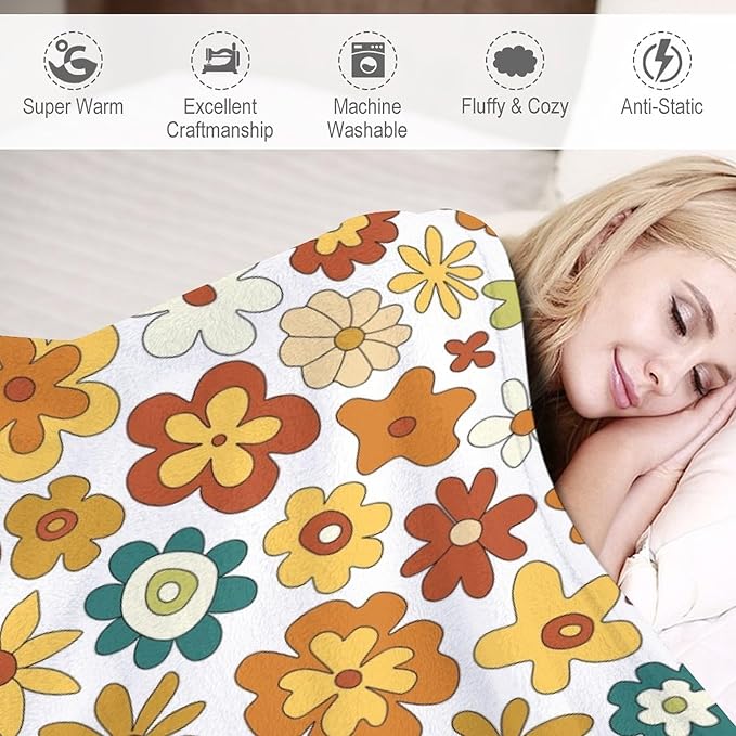 Vintage Hippie Floral Blanket, 70s Boho Abstract Yellow Orange Flowers Funny Print Throw Blanket for Holiday Theme Home Decor Bedding Couch 30"x40"