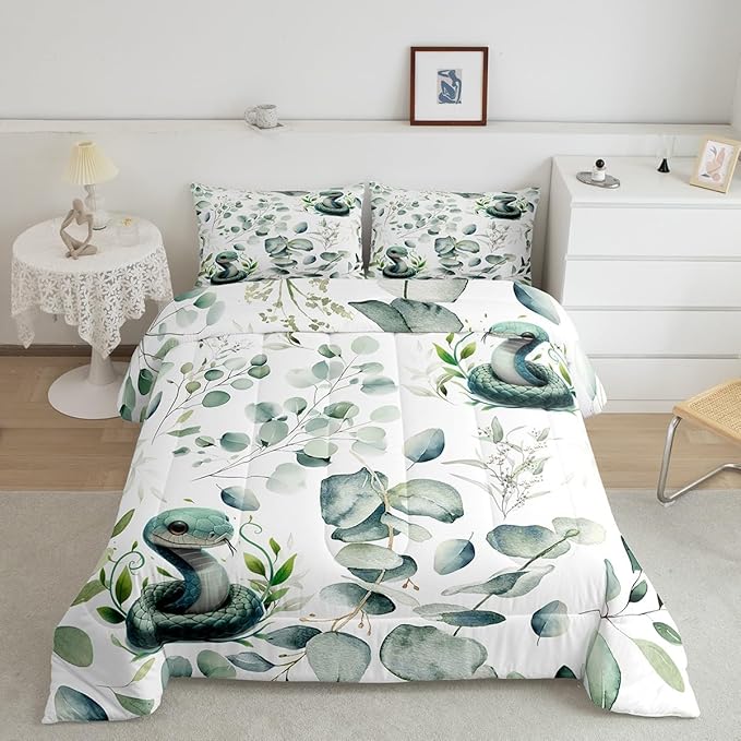 Erosebridal Cute Snake King Comforter Set for Kids Child Green Eucalyptus Bedding Set King, Wild Animal Bedding Comforter Sets Botanical Plant Leaves Duvet Set, Cartoon Wildlife Quilted Comforter